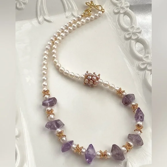 GP47-Handmade Natural Amethyst And Natural Freshwater Baby Pearl Necklace - Picture 4 of 13